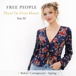 Free People Navy Floral Tie Front Peplum Blouse Boho Top Size M